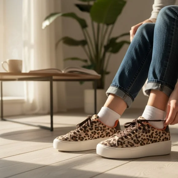 Qupid Leopard Print Platform Sneakers with Orange Lining - Picture 5 of 5